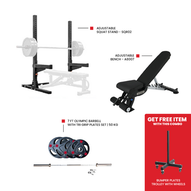 Adjustable bench A8007 for home gym workout 7 Ft Olympic Barbell with Tri Grip Plates Set | 50 kg Adjustable Squat Stand - SQR02